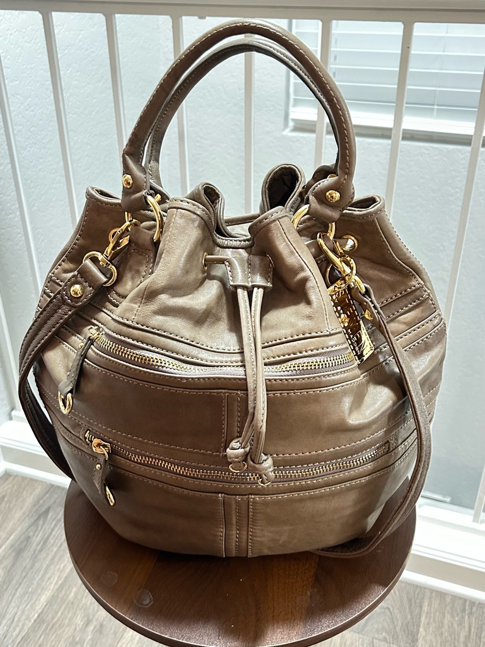 Steven By Steve Madden Taupe Drawstring Shoulder Bag with Gold Hardware